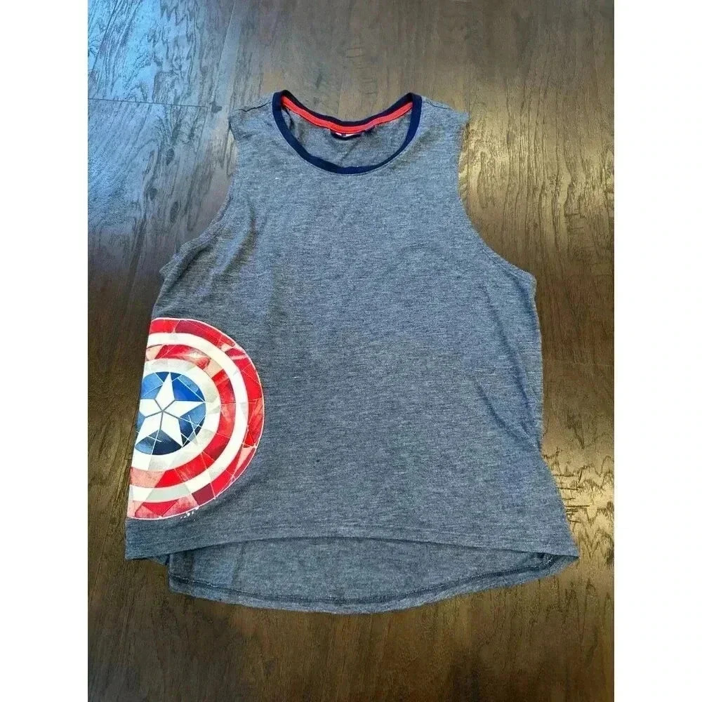 Marvel Women's Tank Top‎  Gray Blue Captain America Logo Sleeveless Shirt #34